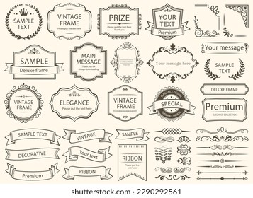Vintage typographic design elements set. Labels and badges, retro ribbons, luxury ornate logo symbols, calligraphic swirls, flourishes. Vector set border. - Shutterstock ID 2290292561