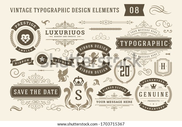 ビンテージ 印刷デザインエレメントセットベクターイラスト ラベルとバッジ レトロなリボン 豪華な装飾のロゴシンボル 書道の渦 装飾のビネットなど のベクター画像 素材 ロイヤリティフリー