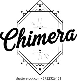 Vintage typographic vector of Chimera wordmark with decorative geometric emblem for branding identity packaging apparel labels posters
