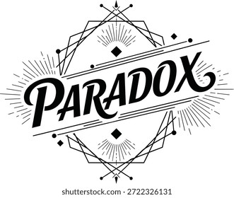 Vintage typographic vector of Paradox wordmark with angular geometric emblem for branding identity packaging apparel labels posters