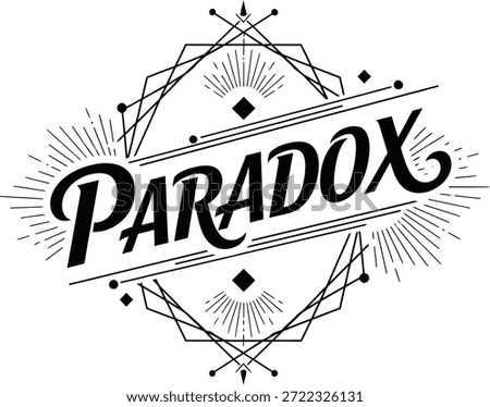 Vintage typographic vector of Paradox wordmark with angular geometric emblem for branding identity packaging apparel labels posters