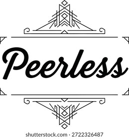 Vintage typographic vector of Peerless wordmark with decorative geometric emblem for branding identity packaging apparel labels posters