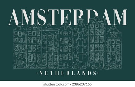 Vintage typography amsterdam city text slogan print with hand drawing house illustration for graphic tee t shirt - sweatshirt or poster - Vector