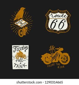 Vintage typography biker print - born to ride crow, route 66 shield, freedom bike, life is a journey motorcycle