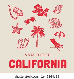 Vintage typography California beach slogan print with retro hand drawn summer vacation elements illustration for graphic tee t shirt or poster sticker - Vector