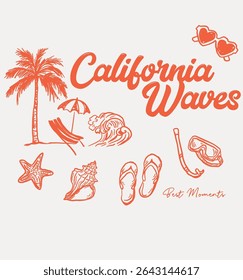 Vintage typography California beach slogan print with retro hand drawn summer vacation elements illustration for graphic tee t shirt or poster sticker - Vector