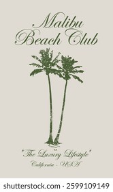 Vintage typography calligraphy summer palm trees illustration with retro malibu beach club california usa slogan print for graphic tee t shirt or poster card - Vector