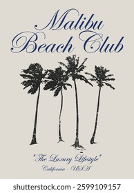 Vintage typography calligraphy summer palm trees illustration with retro malibu beach club california usa slogan print for graphic tee t shirt or poster card - Vector