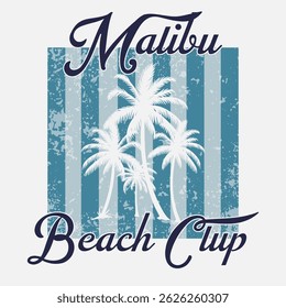Vintage typography calligraphy summer palm trees illustration with retro malibu beach club california usa slogan print for graphic tee t shirt or poster card - Vector