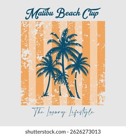 Vintage typography calligraphy summer palm trees illustration with retro malibu beach club california usa slogan print for graphic tee t shirt or poster card - Vector
