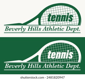 Vintage typography college sporty athletic los angeles beverly hills sport tennis club slogan print with racket and ball illustration for graphic tee t shirt or sweatshirt hoodie - Vector