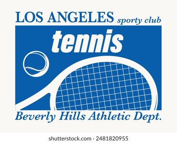 Vintage typography college sporty athletic los angeles beverly hills sport tennis club slogan print with racket and ball illustration for graphic tee t shirt or sweatshirt hoodie - Vector