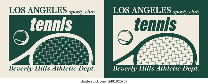 Antiguas typography college sporty athletic los ángeles beverly hills sport tenis club eslogan estampado con raqueta e ilustración de pelota para camiseta gráfica o sudadera con capucha - Vector