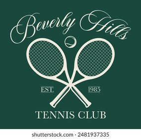 Vintage typography college sporty athletic los angeles beverly hills sport tennis club slogan print with racket and ball illustration for graphic tee t shirt or sweatshirt hoodie - Vector