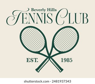 Vintage typography college sporty athletic los angeles beverly hills sport tennis club slogan print with racket and ball illustration for graphic tee t shirt or sweatshirt hoodie - Vector