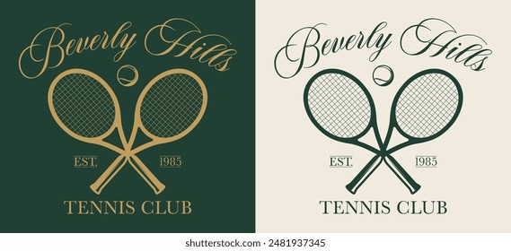 Antiguas typography college sporty athletic los ángeles beverly hills sport tenis club eslogan estampado con raqueta e ilustración de pelota para camiseta gráfica o sudadera con capucha - Vector