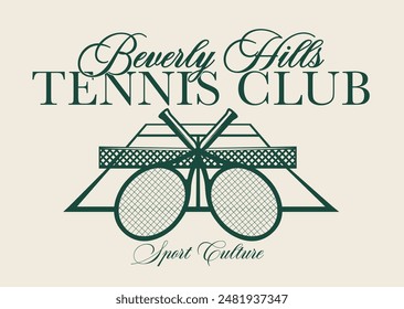 Vintage typography college sporty athletic los angeles beverly hills sport tennis club slogan print with racket and ball illustration for graphic tee t shirt or sweatshirt hoodie - Vector