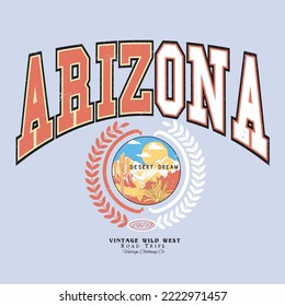 Típografía vintage universidad varsity estampado de eslogan estatal Arizona con Montaña del Desierto para camiseta gráfica o sudadera - Vector