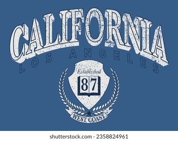 Vintage typography college varsity california state los angeles west coast slogan print with grunge effect for graphic tee t shirt or sweatshirt hoodie - Vector