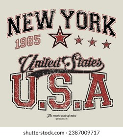 Vintage typography college varsity new york state brooklyn city united states usa slogan print with retro grunge effect for graphic tee t shirt or sweatshirt hoodie - Vector
