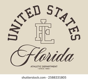 Vintage typography college varsity united states florida athletic department slogan print with letter embroidery for graphic tee t shirt or sweatshirt hoodie poster sticker - Vector