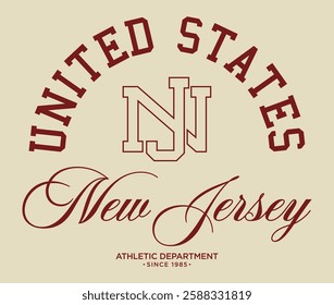 Vintage typography college varsity united states new jersey athletic department slogan print with letter embroidery for graphic tee t shirt or sweatshirt hoodie poster sticker - Vector