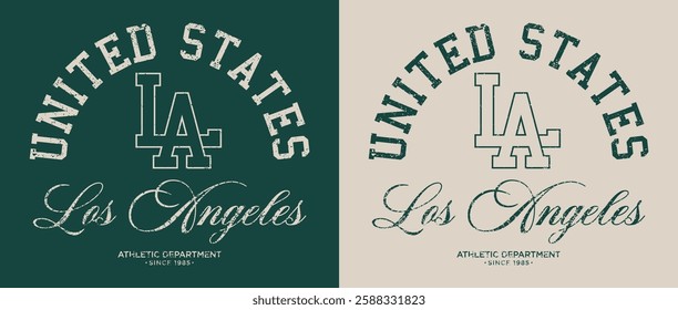 Vintage typography college varsity united states los angeles athletic department slogan print with letter embroidery for graphic tee t shirt or sweatshirt hoodie poster sticker - Vector