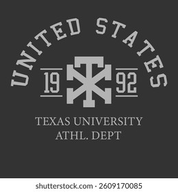 Vintage typography college varsity united states Texas athletic department slogan print with letter embroidery for graphic tee t shirt or sweatshirt hoodie poster sticker - Vector