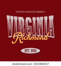 Vintage typography college varsity Virginia - Richmond slogan print for graphic tee t shirt or sweatshirt - Vector