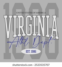 Universidad de tipografía de Antiguas Virginia Athl. Dept. impresión de eslogan para camiseta gráfica o sudadera - Vector