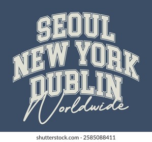 Vintage typography college varsity worldwide city text retro slogan colorful print for graphic tee t shirt or sweatshirt hoodie - Vector