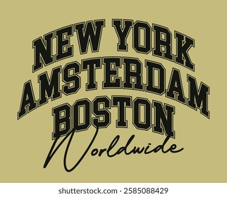 Vintage typography college varsity worldwide city text retro slogan colorful print for graphic tee t shirt or sweatshirt hoodie - Vector