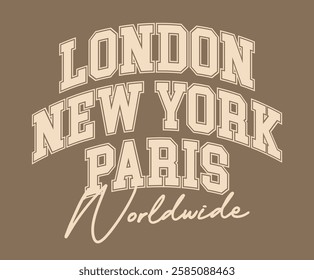 Vintage typography college varsity worldwide city text retro slogan colorful print for graphic tee t shirt or sweatshirt hoodie - Vector