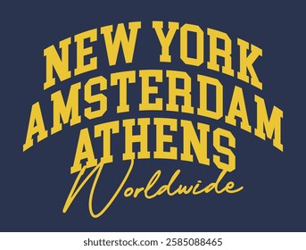 Vintage typography college varsity worldwide city text retro slogan colorful print for graphic tee t shirt or sweatshirt hoodie - Vector