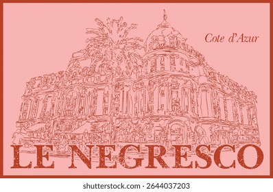 Vintage typography france french riviera nice cote d'azur slogan print with hand drawn retro historical hotel illustration for graphic tee t shirt or poster card - Vector