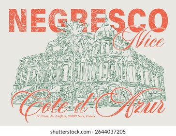 Vintage typography france french riviera nice cote d'azur slogan print with hand drawn retro historical hotel illustration for graphic tee t shirt or poster card - Vector