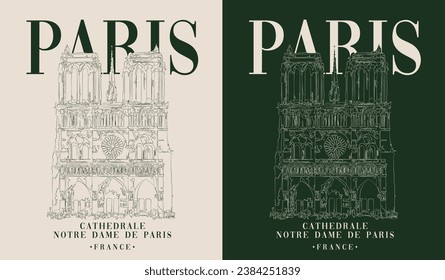 Vintage typography france paris city text slogan print with hand drawing notre dame cathedral illustration for graphic tee t shirt - sweatshirt or poster - Vector