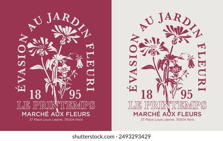 Klassische Typografie Französischer Slogan-Textdruck mit Retro-Blumenwild-Gänseblümchen-Illustrationsdruck für grafisches T-Shirt oder Poster - Französische Übersetzung: Flucht in den Blumengarten - Blumenmarkt - Vektorgrafik