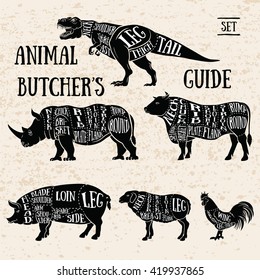 Vintage Typography Guide for Cutting Meat. Butchery shop animal set.