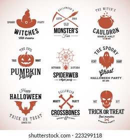 Vintage Typography Halloween Vector Badges Logos or Labels Pumpkin Ghost Scull Bones Bat Spider Web and Witch Hat