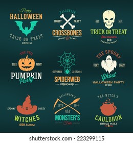 Vintage Typography Halloween Vector Color Badges or Logos Pumpkin Ghost Scull Bones Bat Spider Web and Witch Hat on Black Background
