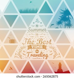 Vintage typography lettering  summer design with floral ornaments and patterns. Summer holidays and vacation. Triangle border. Modern flyer design.