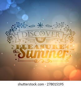 Vintage typography lettering summer design with floral ornaments and patterns. Summer holidays and vacation. Abstract colorful blurred background with bokeh and lens flare. Vector illustration