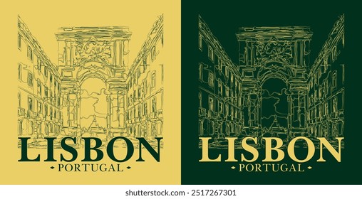 Vintage typography lisbon portugal text slogan print with linear city silhouette illustration drawing for graphic tee t shirt or poster card - Vector