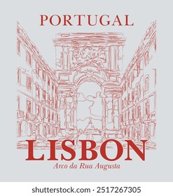 Vintage typography lisbon portugal text slogan print with linear city silhouette illustration drawing for graphic tee t shirt or poster card - Vector