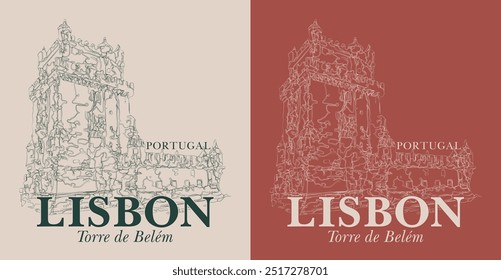 Vintage tipografia lisboa portugal texto slogan imprimir com linear histórico belem torre ilustração linha desenho para T t t camisa gráfica ou cartão de cartaz - Vetor