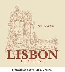 Vintage tipografia lisboa portugal texto slogan imprimir com linear histórico belem torre ilustração linha desenho para T t t camisa gráfica ou cartão de cartaz - Vetor