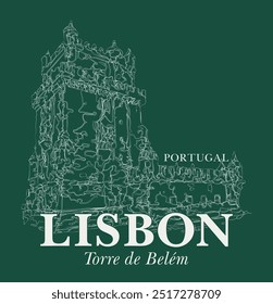 Vintage tipografia lisboa portugal texto slogan imprimir com linear histórico belem torre ilustração linha desenho para T t t camisa gráfica ou cartão de cartaz - Vetor