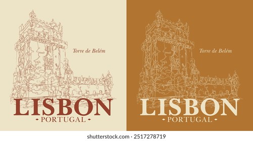 Vintage tipografia lisboa portugal texto slogan imprimir com linear histórico belem torre ilustração linha desenho para T t t camisa gráfica ou cartão de cartaz - Vetor