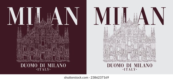 Vintage typography milan city duomo di milano italy text slogan print with hand drawing cathedral illustration for graphic tee t shirt - sweatshirt or poster - Vector